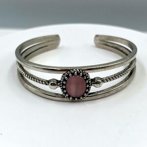Bracelet Cuff Vintage Silver Tone Pink Faux Stone Triple Band Southwestern Style